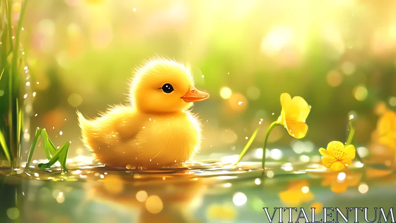 Yellow duckling in shallow water with bright floral glow.