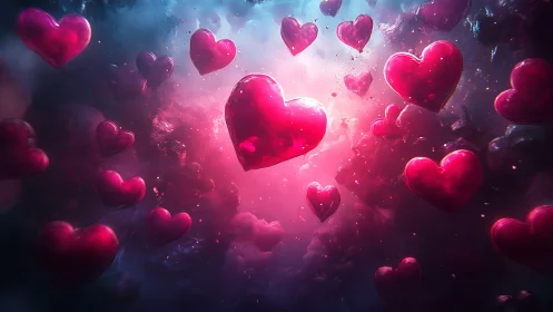 Luminous Hearts Floating Through Pink Cosmic Mist