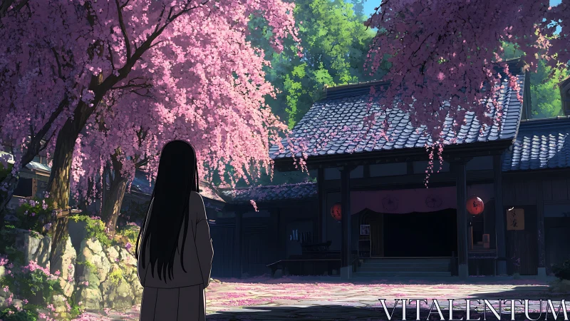 Silent shrine courtyard beneath cascading cherry blossoms.