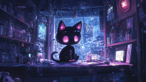 Cyberpunk neon cat mascot in cluttered night city workshop.