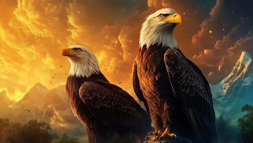 Majestic Bald Eagles in Vibrant Mountain Sunset Digital Art.
