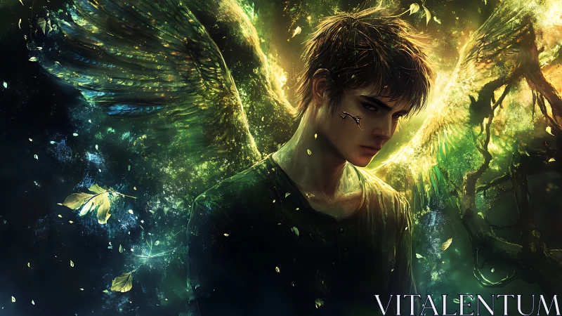 Brooding winged dreamer drifting through emerald starlight.