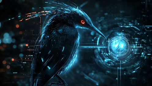 Cyberpunk avian construct in luminous neon circuitry field.