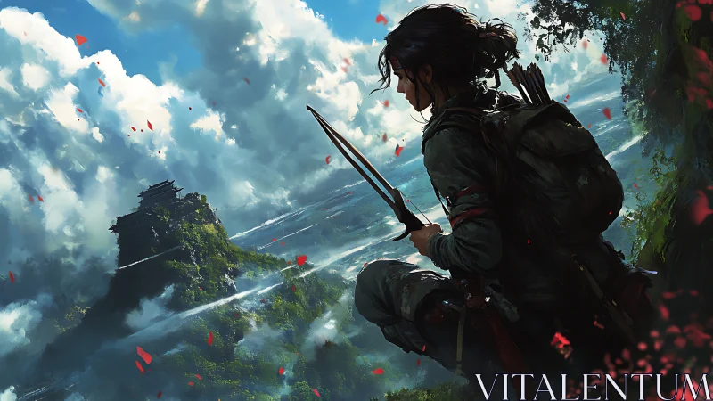 Explorer with bow overlooks distant cliffside fortress