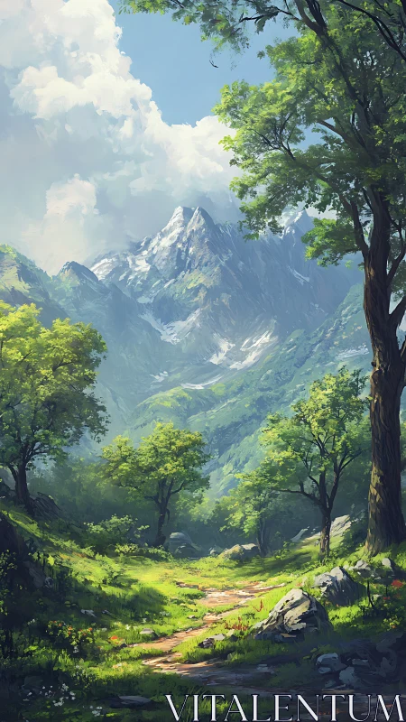 Mountain valley path under summer light and towering peaks.