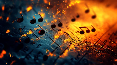 Musical notation ignites over molten blue and orange waves.