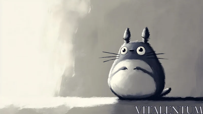 Plump forest spirit sits in stark monochrome light.