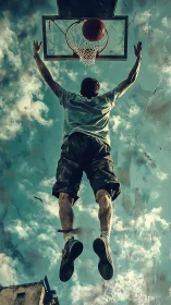 Backlit basketball dunk captured from low upward perspective