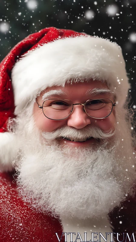 Smiling Santa Claus character in close-up snowy portrait