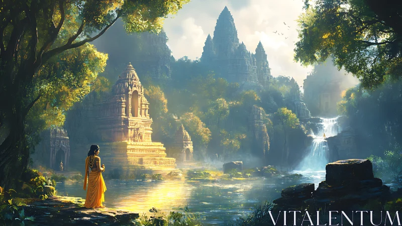 Mystic jungle temples with robed wanderer at sunrise.