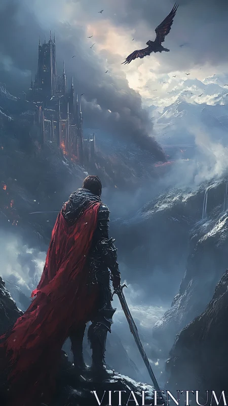 Crimson‑cloaked knight defies a burning obsidian fortress.