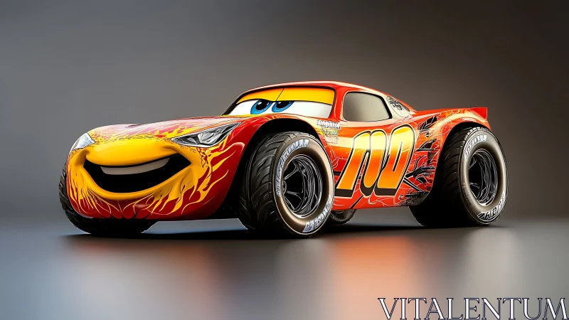 Anthropomorphic red race car with flames on neutral ground.