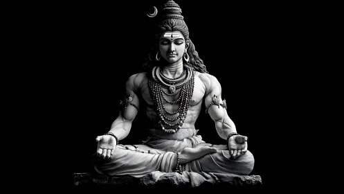 Monochrome Shiva in thunder-quiet meditation on midnight void.