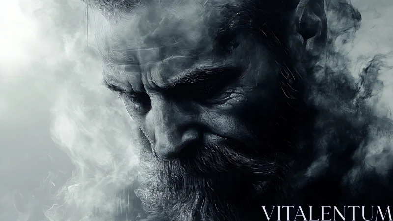 Weathered bearded man emerging from swirling smoke.