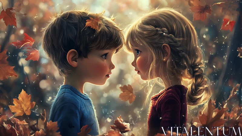 Two children facing each other amid falling autumn leaves, bathed in warm golden light