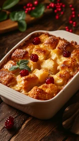 Warm custard bread pudding in rustic overhead food styling.