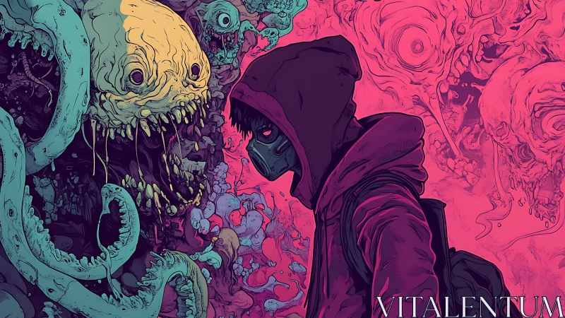 Hooded wanderer confronts neon tentacled nightmare void