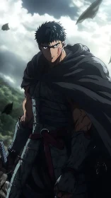 Battle-scarred warrior under storm-lit dramatic skies.