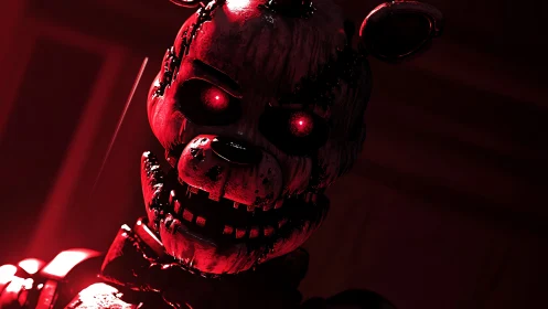 Red-lit damaged animatronic bear head in close-up view.