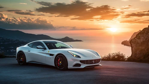 White sports car parked on coastal cliff at vivid sunset.