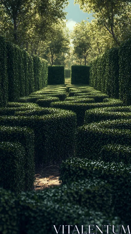 Sunlit garden hedge maze invites a calm, curious wander