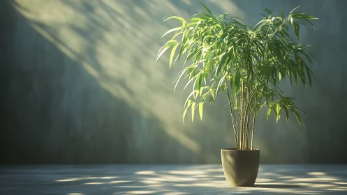 Sunlit potted bamboo softens a calm minimalist interior corner