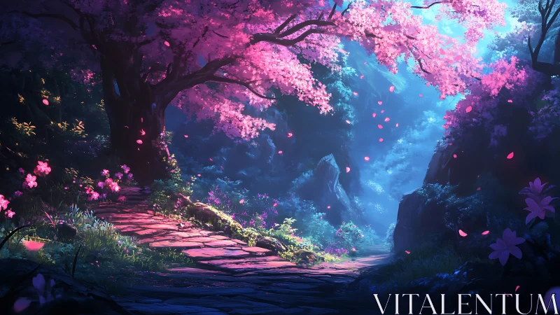 Enchanted cherry blossom path curves through glowing forest