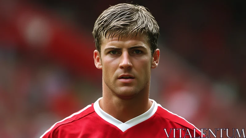 Focused footballer framed by soft stadium blur.