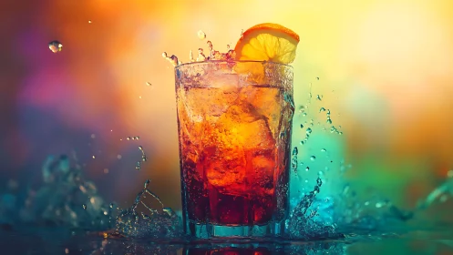 Iced Beverage Splash Against Colorful Neon Gradient Backdrop