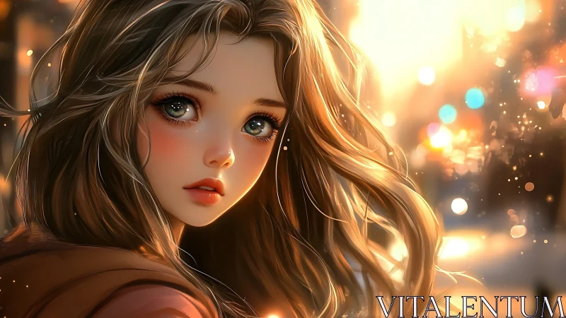 Girl with long hair rendered in glowing sunset lighting