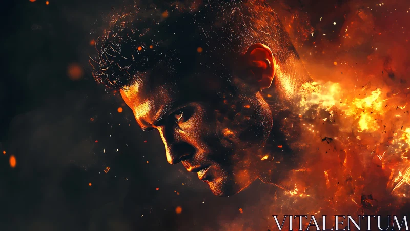 Intense male portrait dissolving into fiery glowing embers.