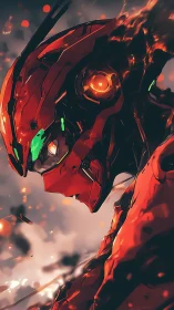 Red mecha warrior burns through smoke and falling embers.