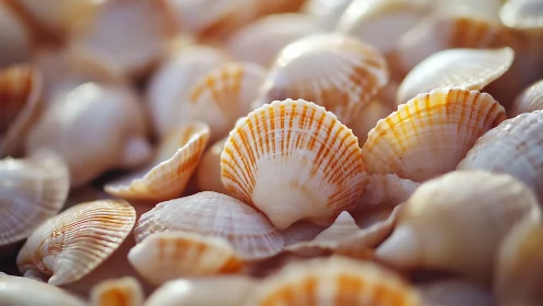 Close-up view shows sunlit scallop seashells in soft focus