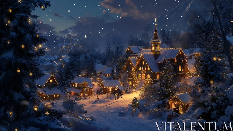 Snowy village glows with cozy lights on a peaceful winter night