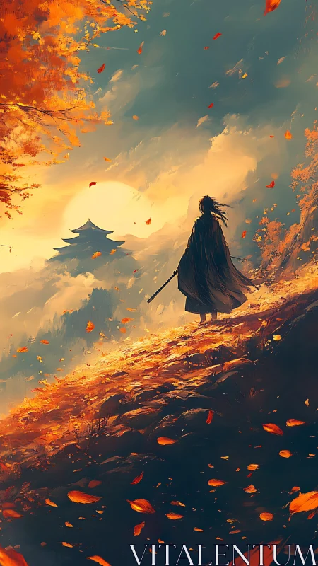 Lone samurai walks hillside toward distant temple at sunset