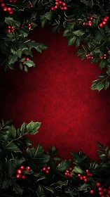 Digital painting holly border on red festive textured ground.