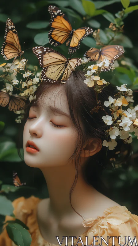 Digital painting portrait with butterflies in botanical wreath.