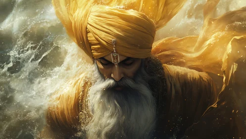 Golden-turbaned elder emerges from swirling luminous waters.