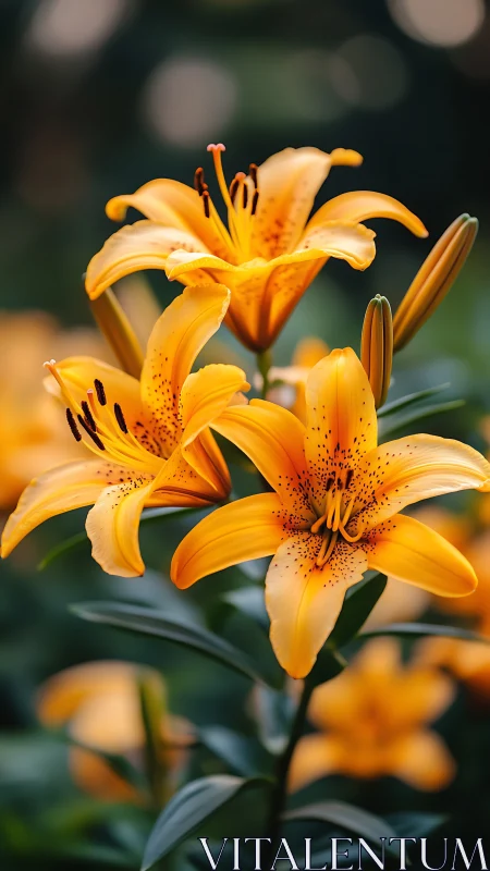 Golden lilies blooming with dark foliage backdrop.