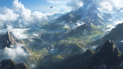 Sky-high valley kingdom wrapped in clouds and waterfalls.