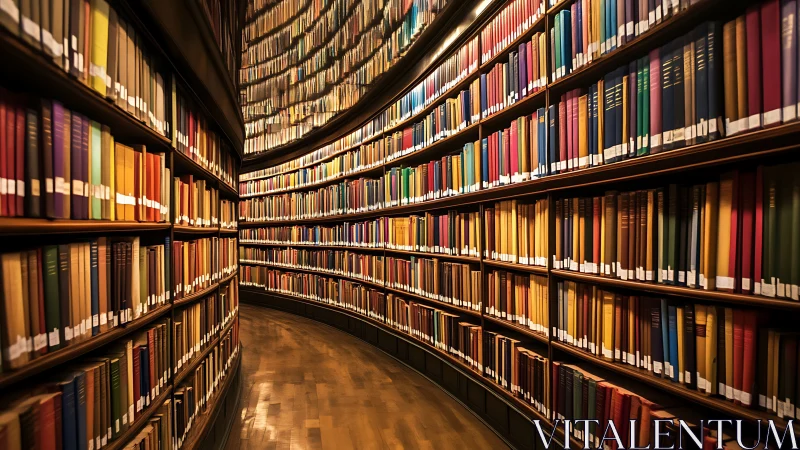 Curved library shelves glow with endless colorful books.