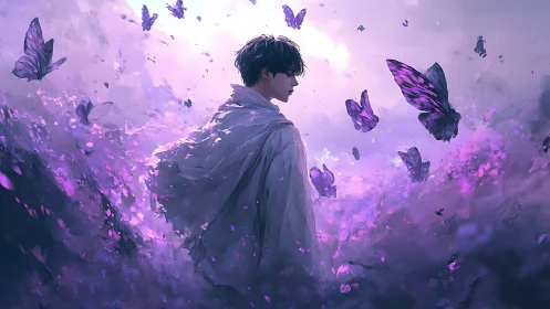Atmospheric portrait with iridescent violet butterfly swarm.