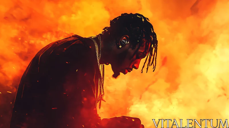 Silhouetted performer in side profile against orange flames.