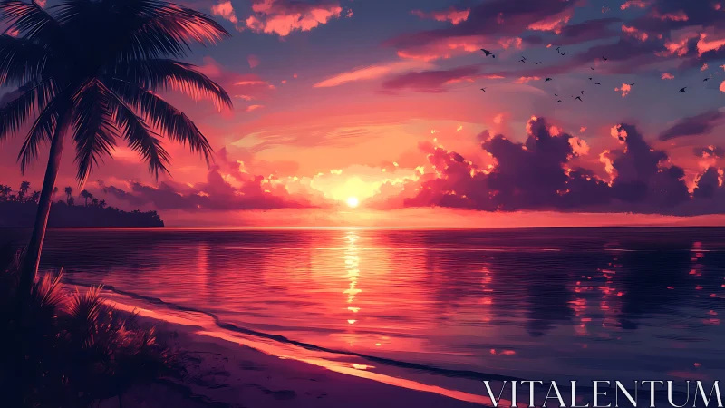 Tropical shoreline sunset with radiant magenta reflections.