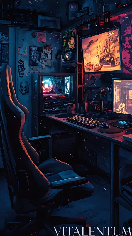 Neon lit gaming desk shows dual monitors and open PC case