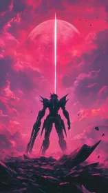 Neon war-god mech crowns a shattered planet in pink storm