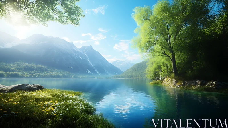 Radiant alpine lakescape with volumetric light and foliage rendering.
