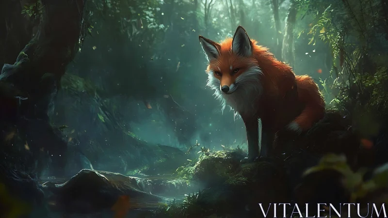 Luminous forest fox under volumetric god-rays at dawn.