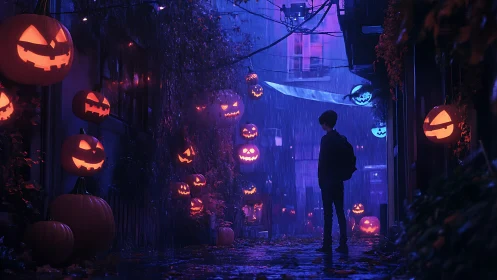 Neon rain haunts a jack-o-lantern alley of whispered dares.