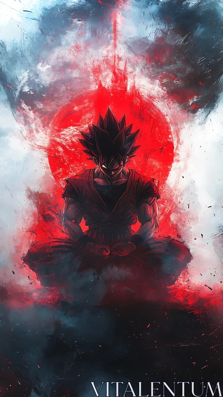 Meditating anime warrior silhouette amid red energy vortex